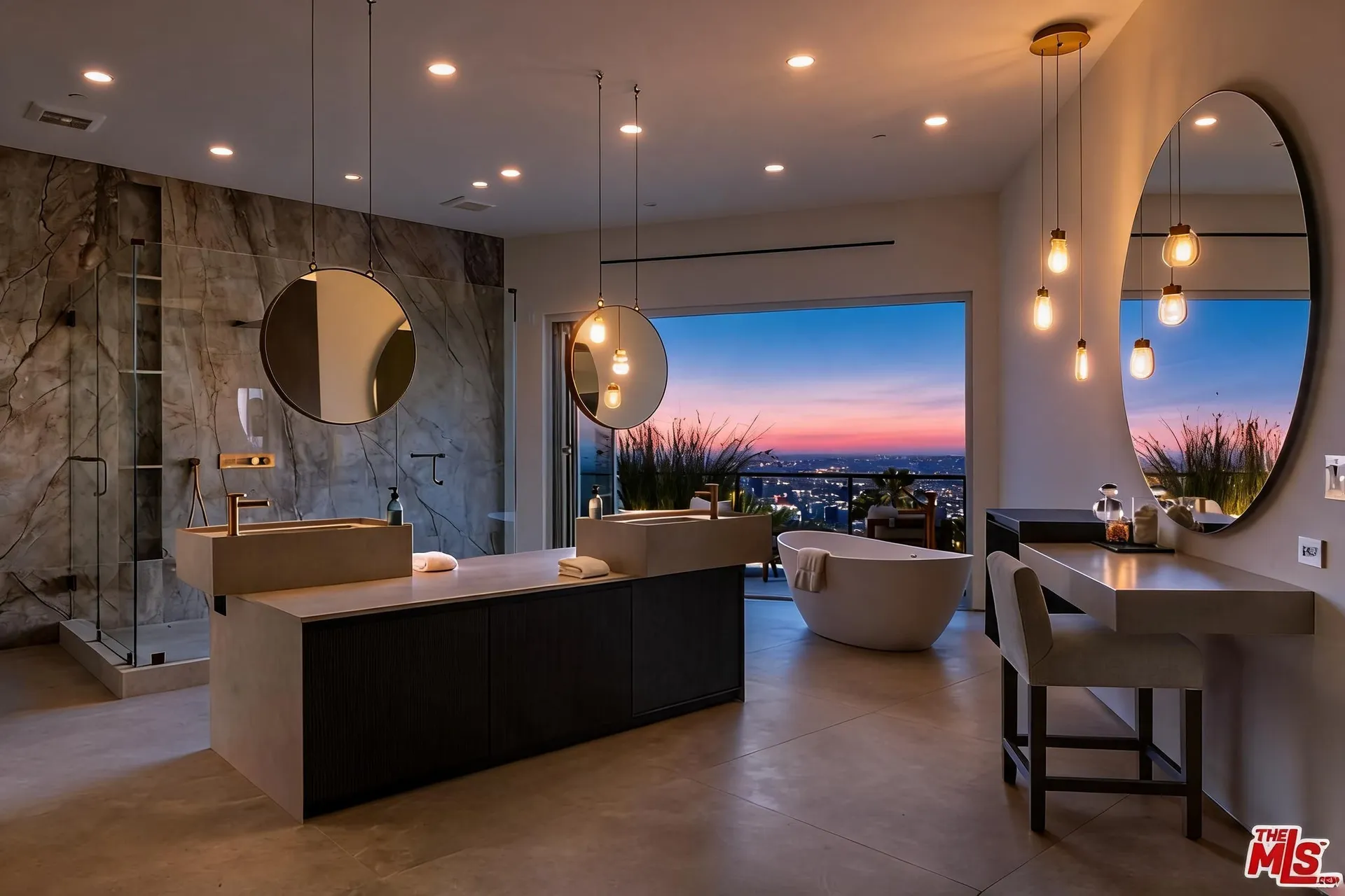 Primary bathroom with twin floating vanities, soaking tub and sunset city view